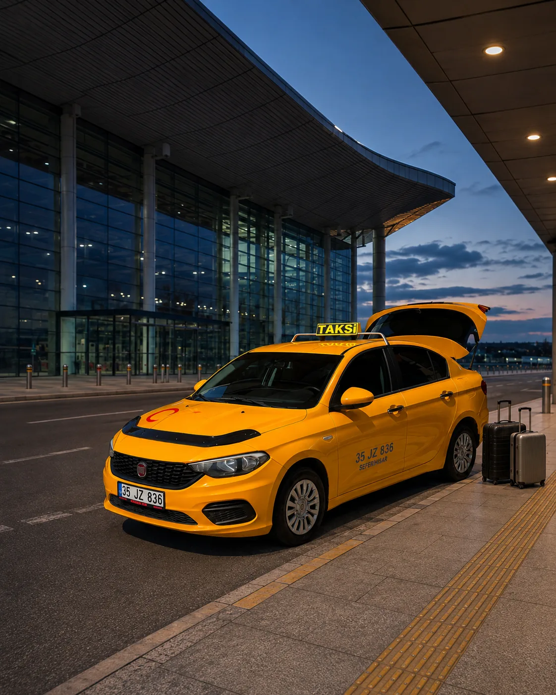 Terminal önünde bagajı açık bekleyen taksi ve kaldırımda valizler, akşam saati